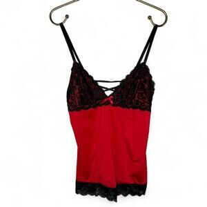 Red & Black Lace Lingerie Cami Top M/L Rene Rofe | Gothic Dark Feminine Y2K